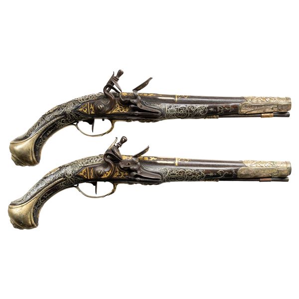 PAIR OF ORNATE FRENCH CHIEFTANS FLINTLOCK PISTOLS.