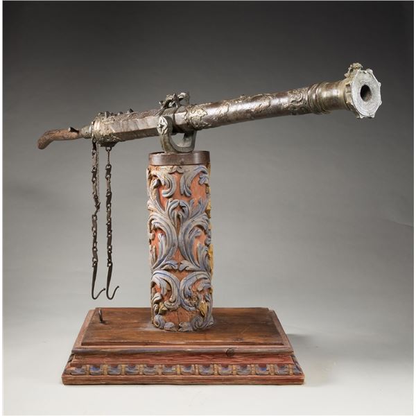 IMPRESSIVE MASSIVE MOUNTED BRONZE LANTAKA CANNON.