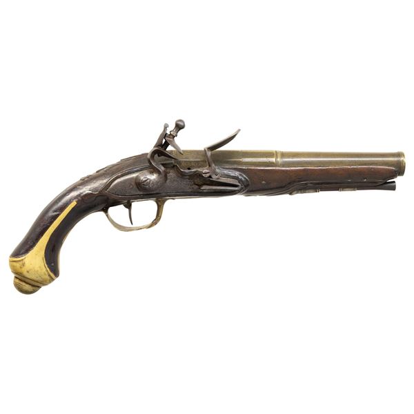 FRENCH BRASS BARRELED FLINTLOCK HOLSTER PISTOL.