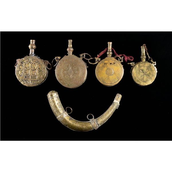 GROUP OF 5 BRASS INDOPERSIAN POWDER FLASKS.