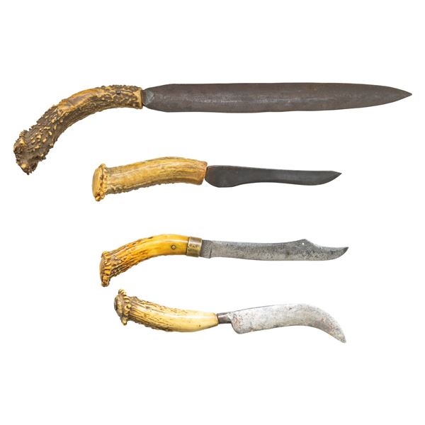 FOUR MARKED CROWN STAG GRIPPED PRIMITIVE AMERICAN