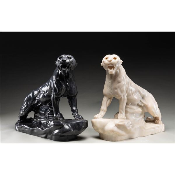 2 CARVED MARBLE JAGUARS SCULPTURES.