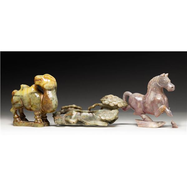 THREE LARGE VINTAGE CHINESE CARVED JADE FIGURES.