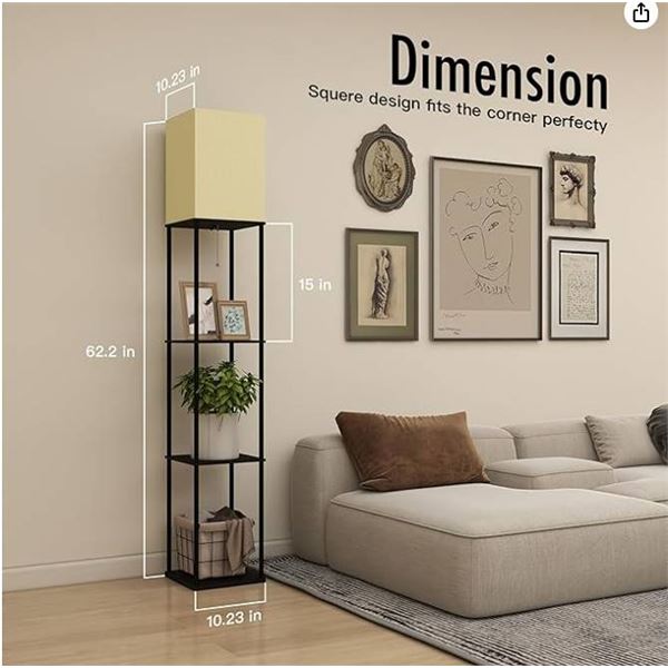 Square Floor Light With Shelf, Black