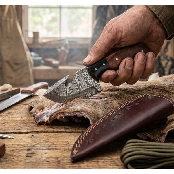 Damascus Steel Gut Hook Knife with Sheath