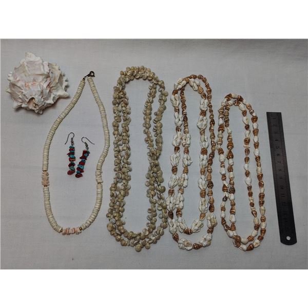 Shell Necklaces, Turquoise and Coral Earrings, Small Shell