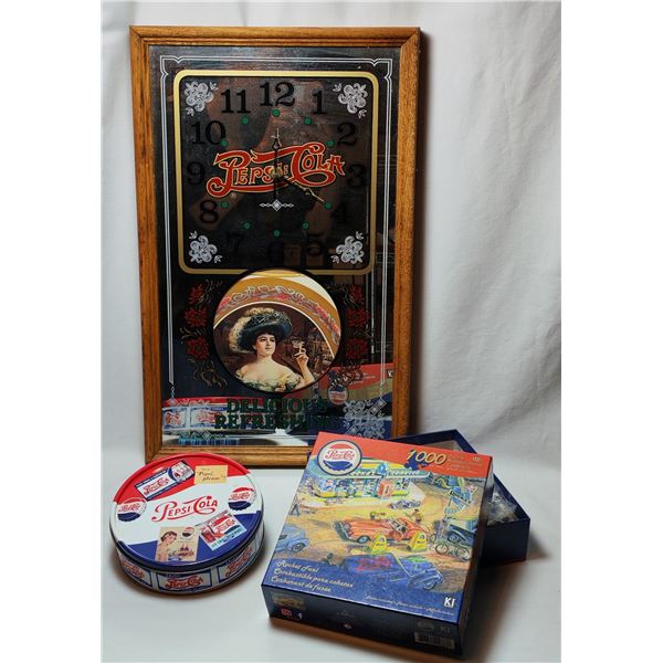 Vintage Pepsi Clock and Tin, Pepsi Puzzle