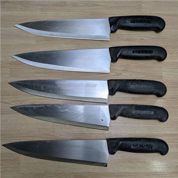 Used, Sharpened Cook Knives, Black Handles - Lot of 5