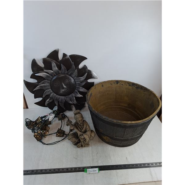 Garden Decor - String Lights, Planter Pot, Asian Garden Ornament, Metal Sun Art, Pickup Only