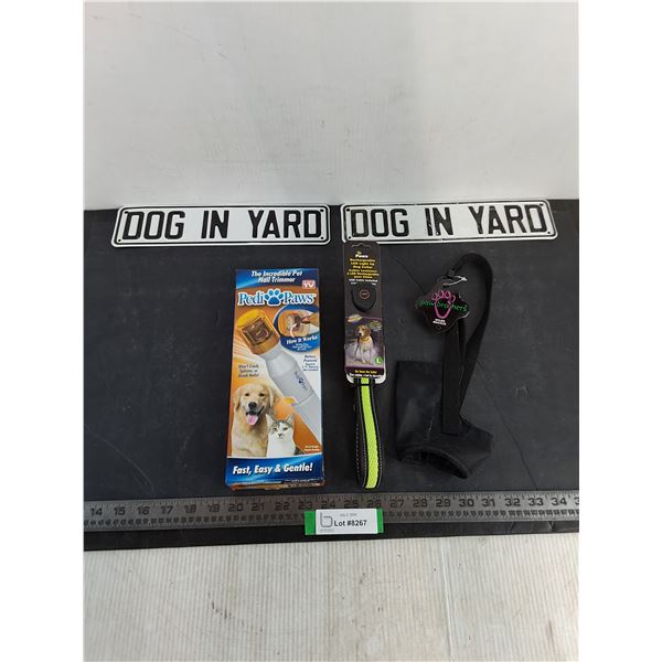Mostly New Doggie Items - Metal Signs, Nail Trimmer, Light-Up Collar, Muzzle