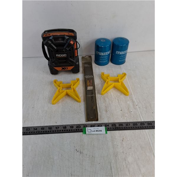 Ridgid Audio Player - Untested, Mazda Oil Filters, Metal File, Plastic Supports