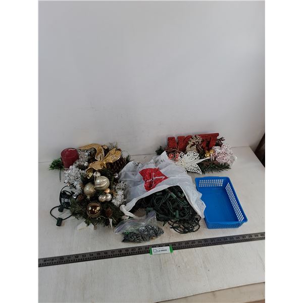 Assorted Christmas Decor, String Lights, Plastic Basket - All As is