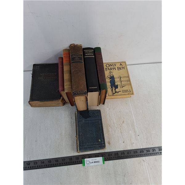 (8) Vintage Books - Webster's Dictionary, Roots, The Good Earth