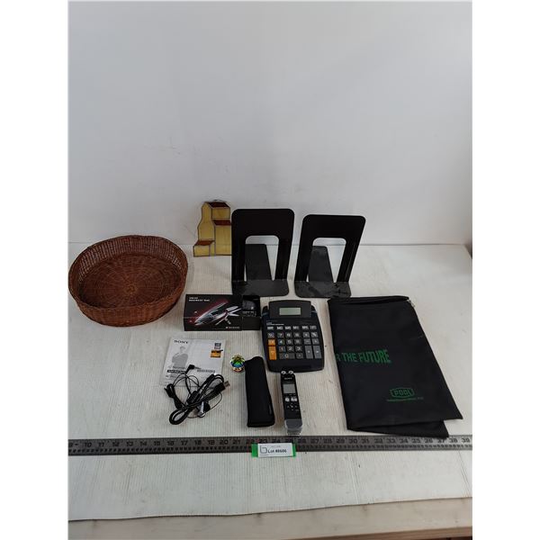 Swiss Business Tool, Sony MP3 Recorder, Large Calculator, Book Ends, Misc.