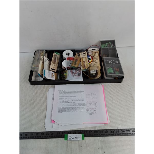 Organizer Tray of Assorted Electronic Components & Circuit Printouts