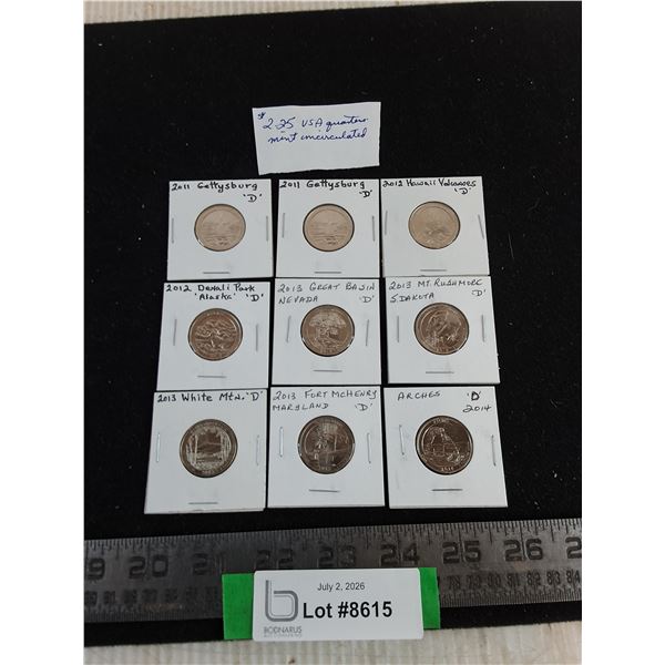 (9) Uncirculated US Quarters from 2011-2014