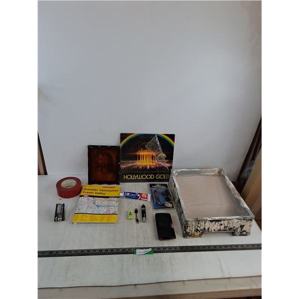 Paint Roller Tray/Insert, 12v Cord, Record, Jesus Plaque, Vancouver Map Book, Multi-Tool, Misc.