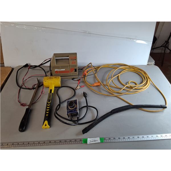 Extension Cord, Battery Charger, 15" Mallet, Misc.