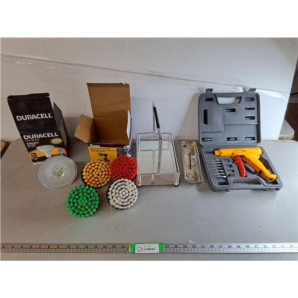 Power Tool Brush Set, Squeeze Action Screwdriver Set, LED Bulb, Misc.