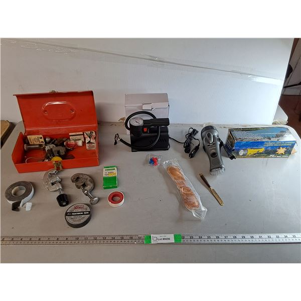 Dynamo Flashlight, 12V Tire Inflator, Tubing Cutters, Misc.