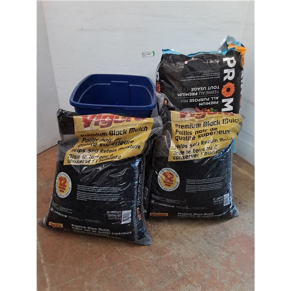 * Unused Promix Potting Soil, 2 Sealed Vigoro Black Mulch, Storage Bin - Cannot Ship