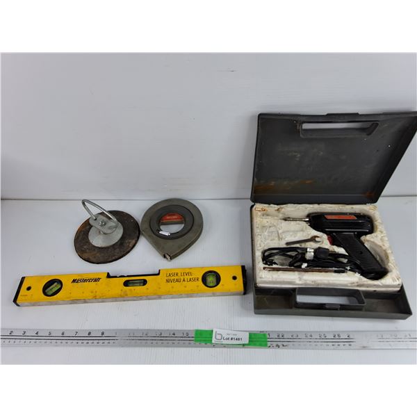 Mastercraft Laser Level, Measuring Tape, Weller Soldering Gun, Suction Cup