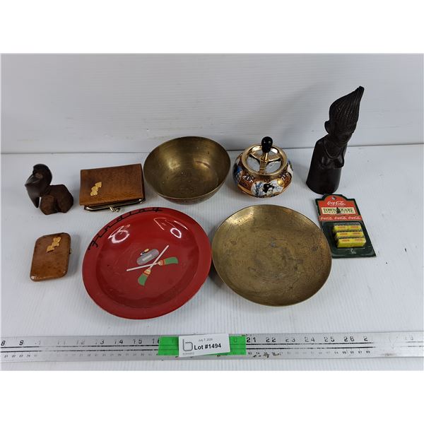 Brass Bowl, Wallet, Ash Bowl, Coca Cola Ornament, Carved Wood Bird, Misc