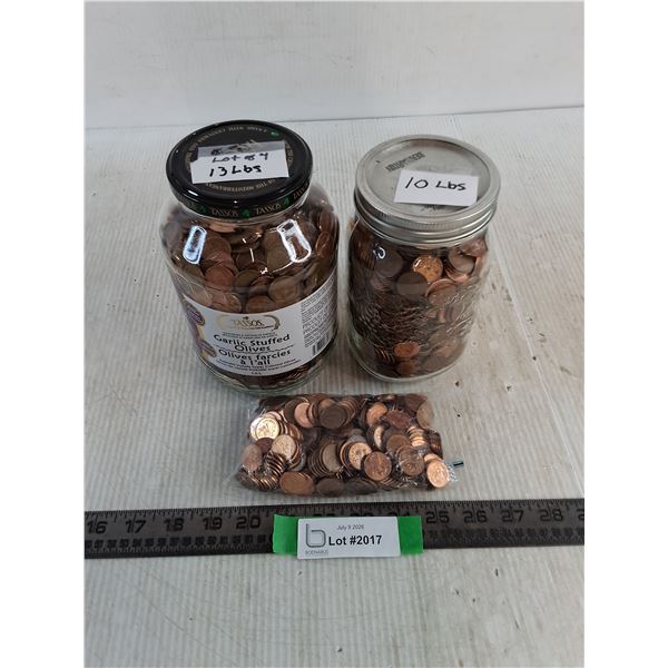 (2) Jars & Bag of Bulk Mostly Canadian Pennies