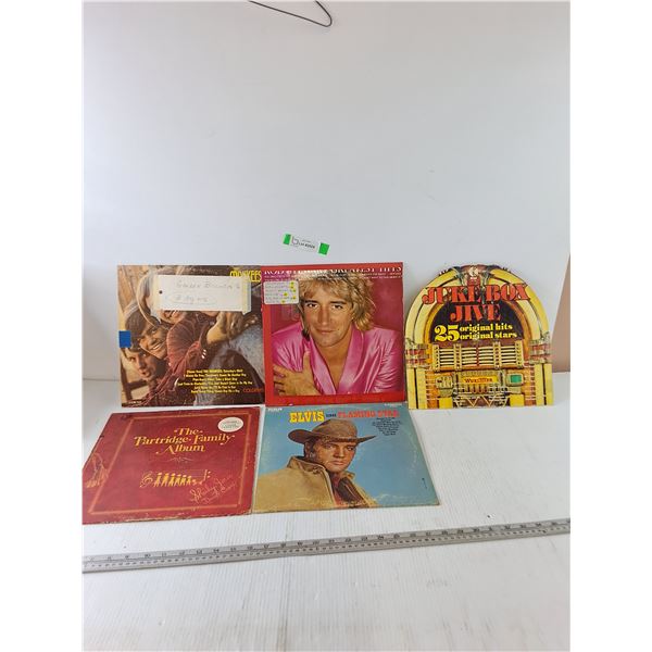 (5) Albums, Golden Biscuits,  Rod Stewart, Elvis, Partridge Family, Jukebox Jive