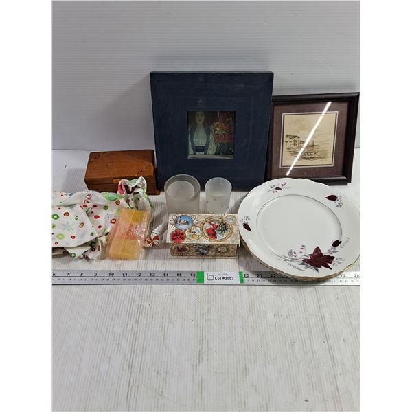 Misc. Lot: Pictures,Plates,Candle Holders,Music Box w/Soap, misc.