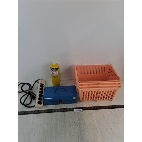 Plastic Bins, Metal Tool Box, Power Bar, Turbo Torch Gas Canister - Approx 1/2 Full - Cannot Ship