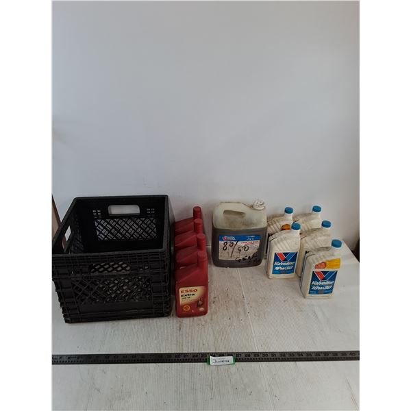(9) Sealed 1L Bottles of 10w30 Motor Oil, Jug of 80/90 Gear Oil, Milk Crate - Cannot Ship