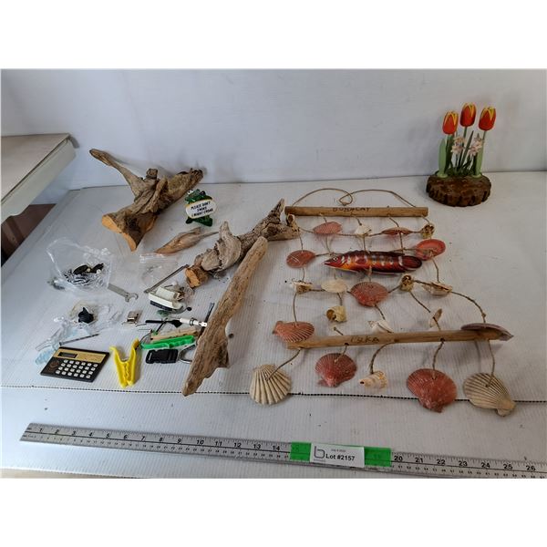 Home Decor Items- Driftwood, Seashell Windchime, Artificial Flowers, Misc.
