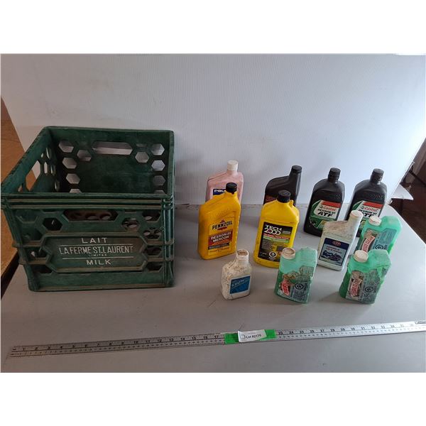 Plastic Milk Crate 13" x 13" x 11" & Chemicals- 2 Cycle Oil, Snowmobile Oil, Misc. Most Full, Can't