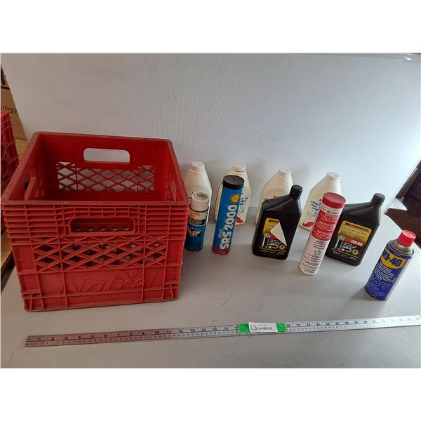 Milk Crate 13" x 13" x 11" & Chemicals- Hydraulic Jack Oil, Compressor Oil, Misc. Most Full, Can't S