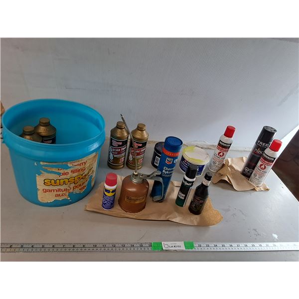 Pail & Brake Fluid, Wd-40, Butane Fuel, Misc. Varying Degrees of Fullness, Can't Ship