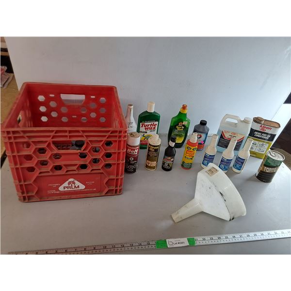 Milk Crate 13" x 13" x 11", Funnel, Turtle Wax, Gasline Antifreeze, Misc. Varying Levels of Fullness