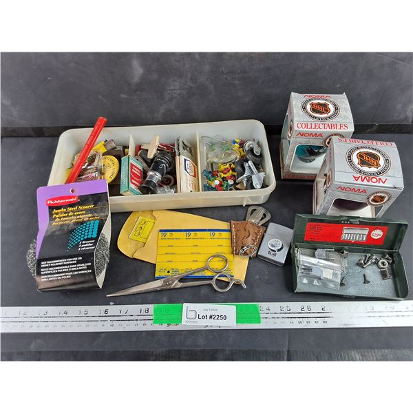 Jumbo Steel Scourer, NHL Collectibles, Oilers Lighter, Barber's Scissors, Bottle Openers, Misc