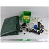 Image 1 : Tarp, Seed Spreader, Caster Wheels , Glass Candle Stick Holder, Flashlight, Misc