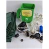 Image 3 : Tarp, Seed Spreader, Caster Wheels , Glass Candle Stick Holder, Flashlight, Misc