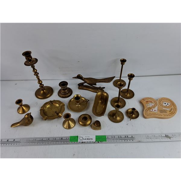 Brass Candle Stick Holders, Ash Tray, Bird Ornaments, Cribbage Game