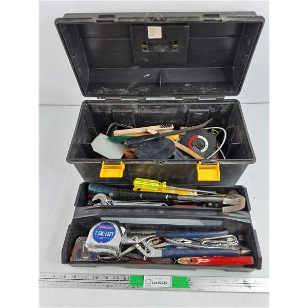 Plastic Tool Box, Measuring Tape, Hammer, Wire Brush, Pry Bar, Screwdrivers, Misc