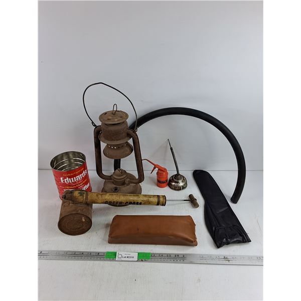 Pesticide Sprayer, Oil Cans, Kerosene Lamp, Cushion, Misc