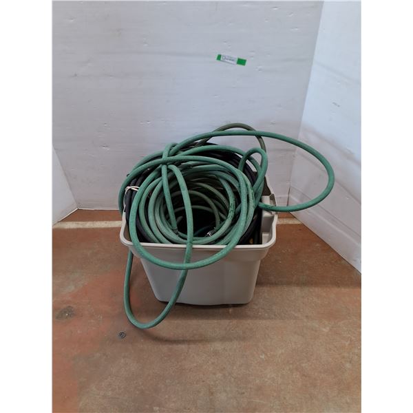 **Assorted Garden Hoses & Plastic Tote 22" x 18" x 17", PICKUP ONLY