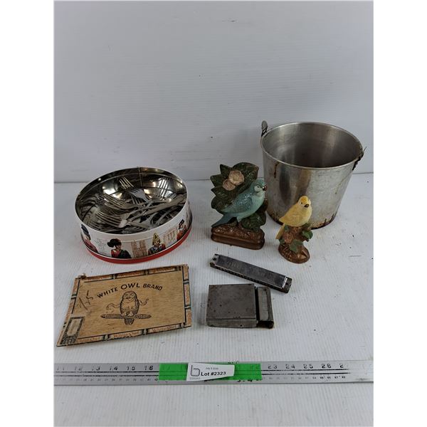 Ceramic Bird Ornaments, Forks, Bucket, Harmonica, Misc