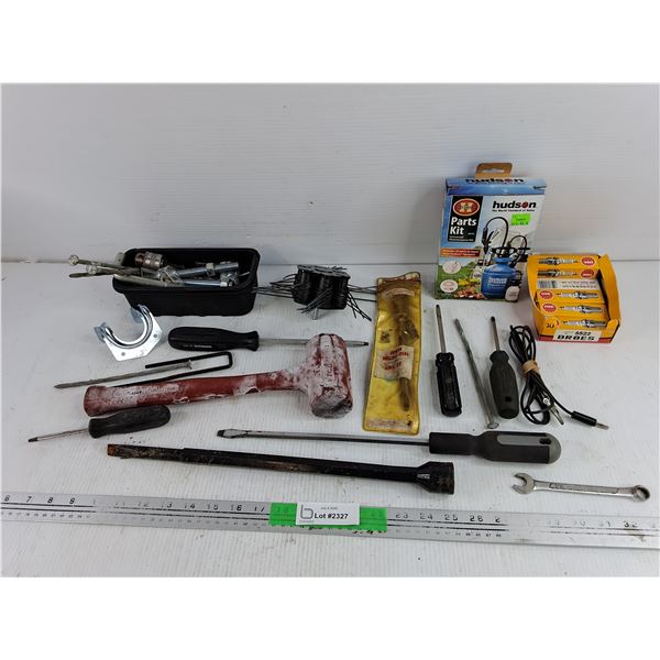 Mallet, Screwdrivers, NGK Spark Plugs, Assorted Hardware