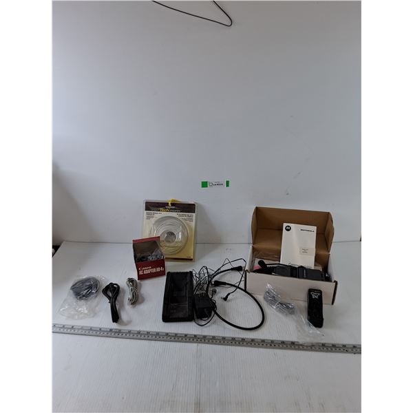 Canon AC Adapter, Telephone Jack Extension Kit, Motorola Cell Phone, Assorted Misc Wires