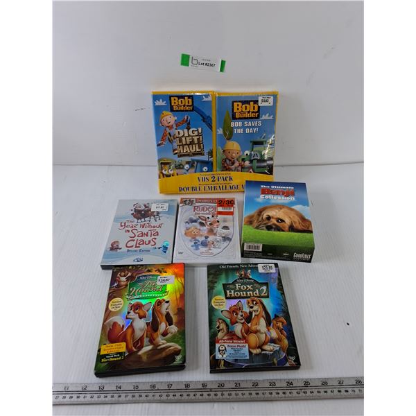 (2) VHS Tapes Sealed, (7) DVDs, Bob The Builder, Rudolf, Benji, Fox and Hound 1 & 2
