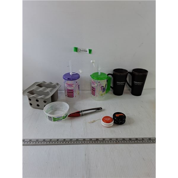 (2) Yo-Yos, (2) Fat Tuesday Las Vegas Cups, (2) Bernie Grain Hauling Cups, Tongs