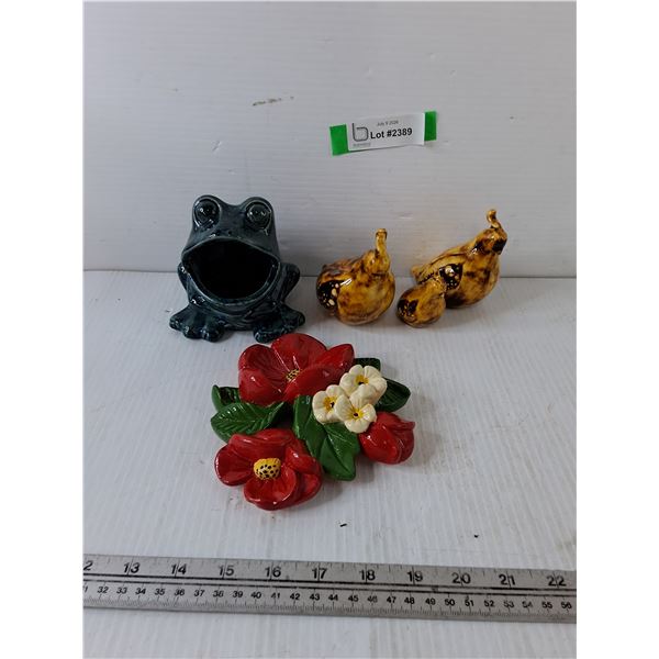 Ceramic Frog, (3) Quails, (1) Flower Wall Decoration